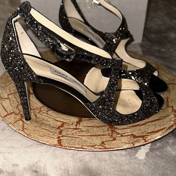 Jimmy Choo 11/41 Emily 85 Bronze Mix Midnight Coarse Glitter Heels Sandals - Picture 5 of 17